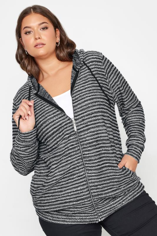  Grande Taille YOURS Curve Black & White Textured Knit Zip Up Hoodie