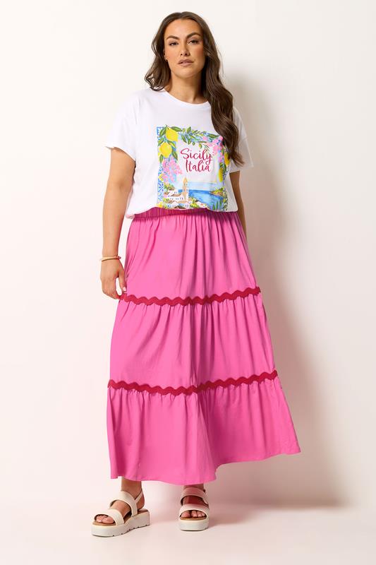 YOURS Plus Size Pink Contrast Swirl Maxi Skirt | Yours Clothing 1