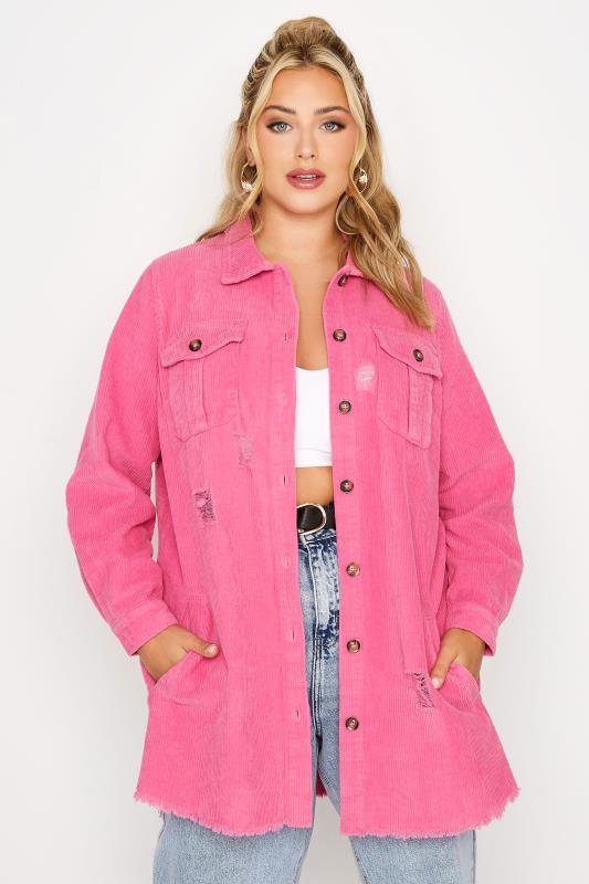 LIMITED COLLECTION Curve Hot Pink Ripped Cord Shacket 3
