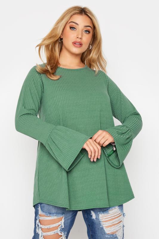 LIMITED COLLECTION Sage Green Ribbed Flare Long Sleeve Top_A.jpg