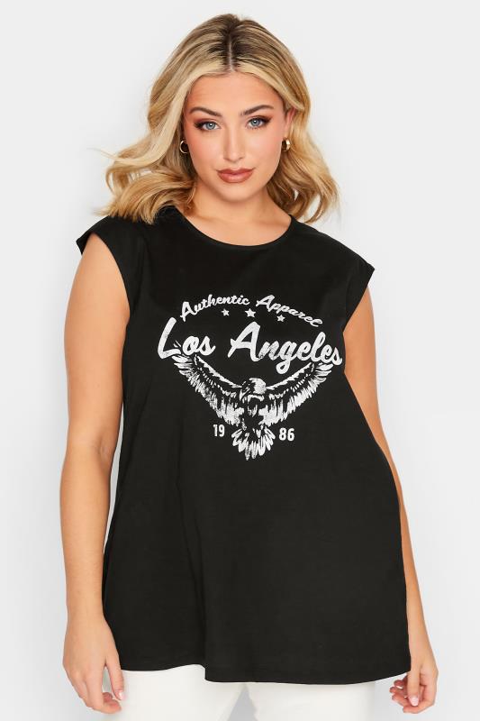 Plus Size  YOURS Curve Black 'Los Angeles' Printed Vest Top