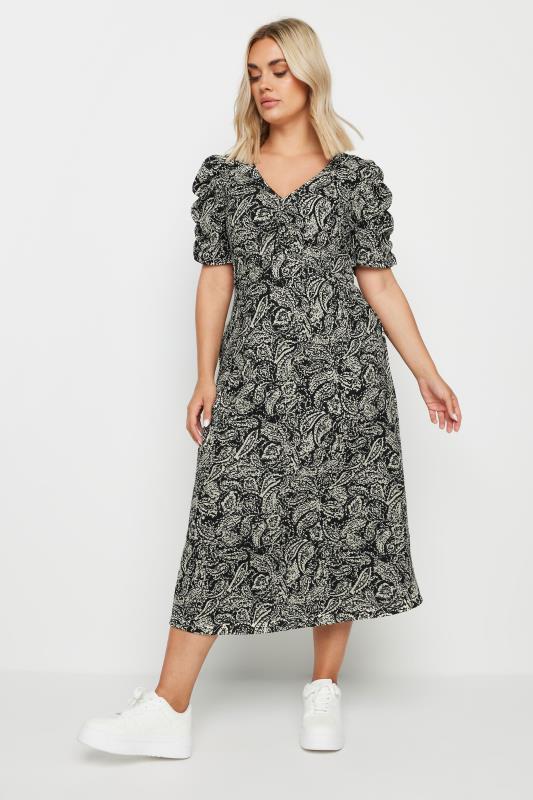YOURS Plus Size Black Paisley Print Textured Milkmaid Dress | Yours Clothing  4