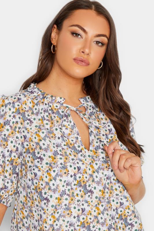 YOURS Plus Size White & Purple Floral Print Tie Neck Blouse | Yours Clothing 4