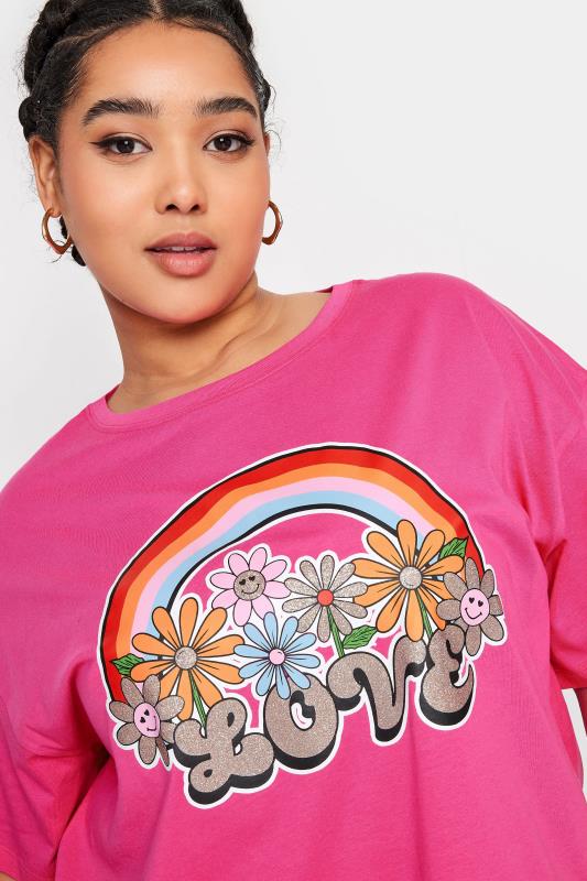 YOURS Plus Size Pink Rainbow Print 'Love' Slogan Oversized T-Shirt | Yours Clothing 5