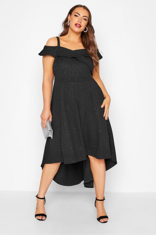 YOURS LONDON Plus Curve Black Glitter Bardot High Low Midi Bridesmaid | Yours Clothing