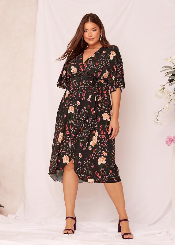 YOURS LONDON Plus Size Black Floral Print Midi Wrap Dress | Yours Clothing 5