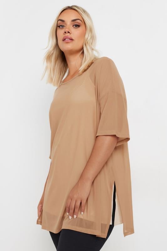 YOURS Plus Size Natural Brown Oversized Mesh Top | Yours Clothing 1