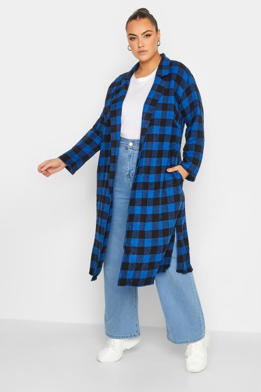 Plus Size  LIMITED COLLECTION Curve Dark Blue & Black Check Long Duster Coat