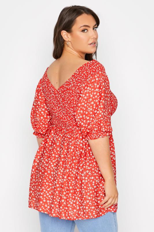 LIMITED COLLECTION Plus Size Red Daisy Shirred Bardot Peplum Blouse | Yours Clothing 3