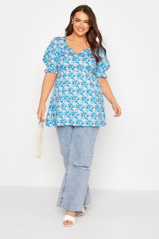 Plus Size Blue Floral Puff Sleeve Peplum Top | Yours Clothing 2
