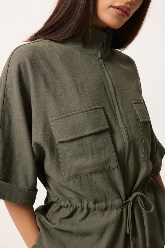PixieGirl Petite Women's Khaki Green Funnel Neck Shacket | PixieGirl 4