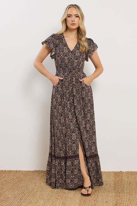 LTS Tall Chocolate Brown Floral Button Maxi Dress