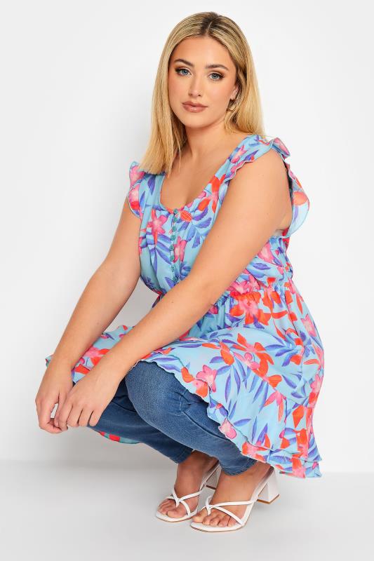 Plus Size Blue Floral Print Frill Sleeve Smock Top | Yours Clothing 4