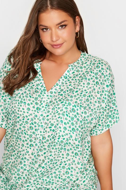 Curve Green & White Floral Print Grown On Sleeve Shirt 4