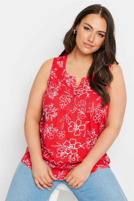 Plus Size  YOURS Curve Red Floral Print Pintuck Henley Vest Top