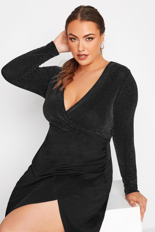 LIMITED COLLECTION Plus Size Black Multicolour Glitter Bodycon Wrap Dress | Yours Clothing 3