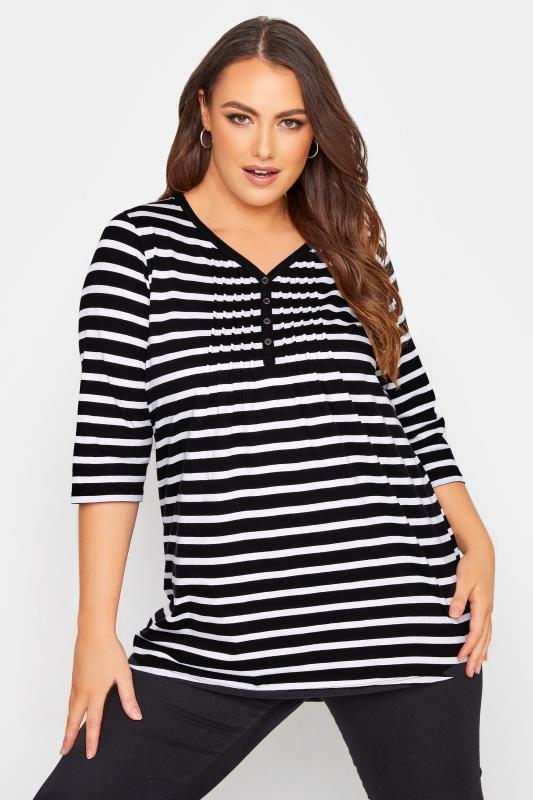 YOURS FOR GOOD Curve Black Striped Pintuck Henley Top 1