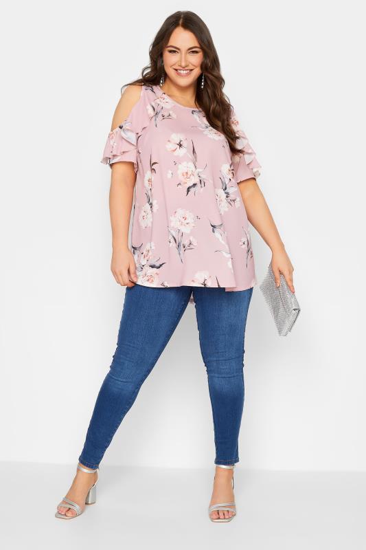YOURS LONDON Plus Size Pink Floral Frill Cold Shoulder Top | Yours Clothing 2