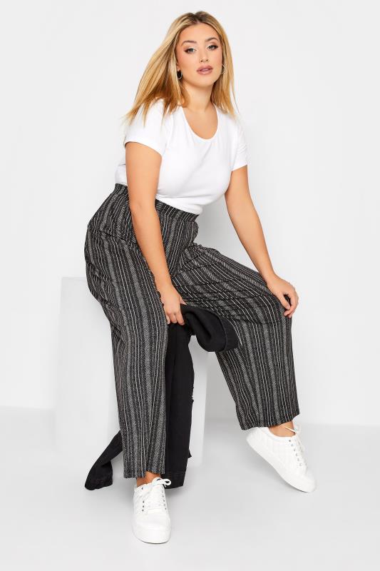 Plus Size Black Stripe Print Wide Leg Stretch Trousers | Yours Clothing 3