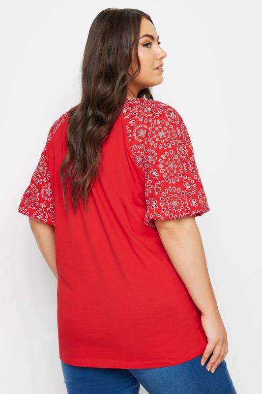 YOURS Plus Size Red Broderie Anglaise Sleeve T-Shirt | Yours Clothing 3