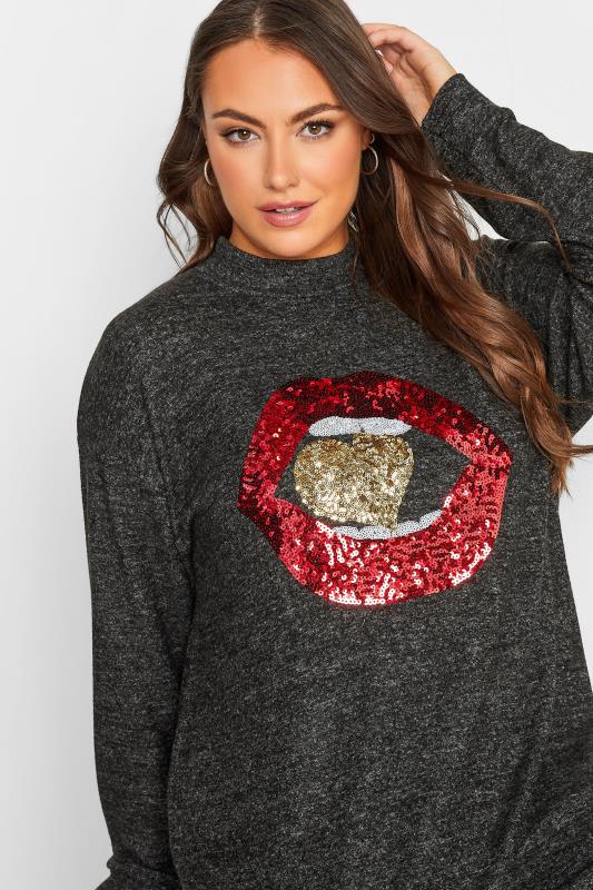 Curve Plus Size Charcoal Grey & Red Glitter Lips Print Soft Touch Long Sleeve Top 4