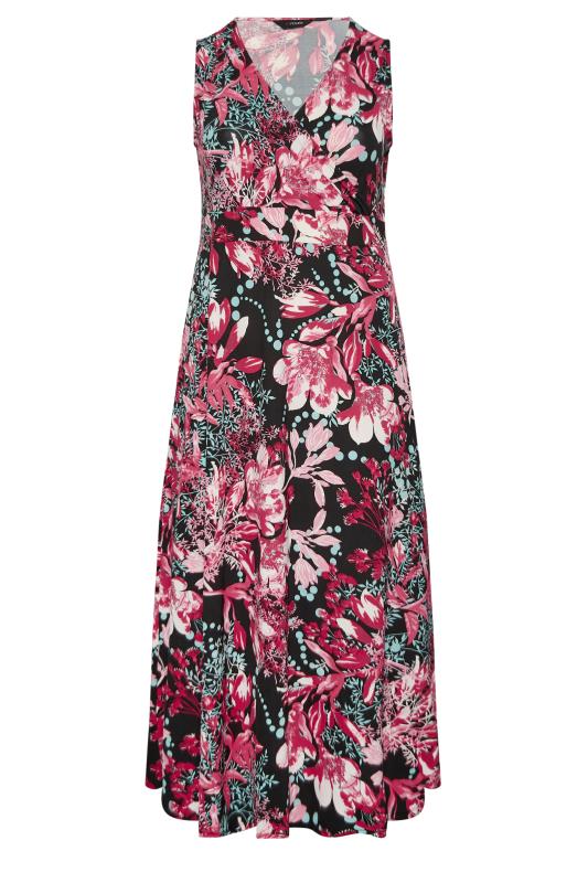 YOURS Plus Size Black & Pink Floral Print Wrap Maxi Dress | Yours Clothing 6