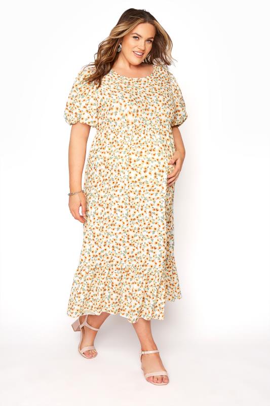 BUMP IT UP MATERNITY Curve Yellow Floral Puff Sleeve Smock Dress_A.jpg