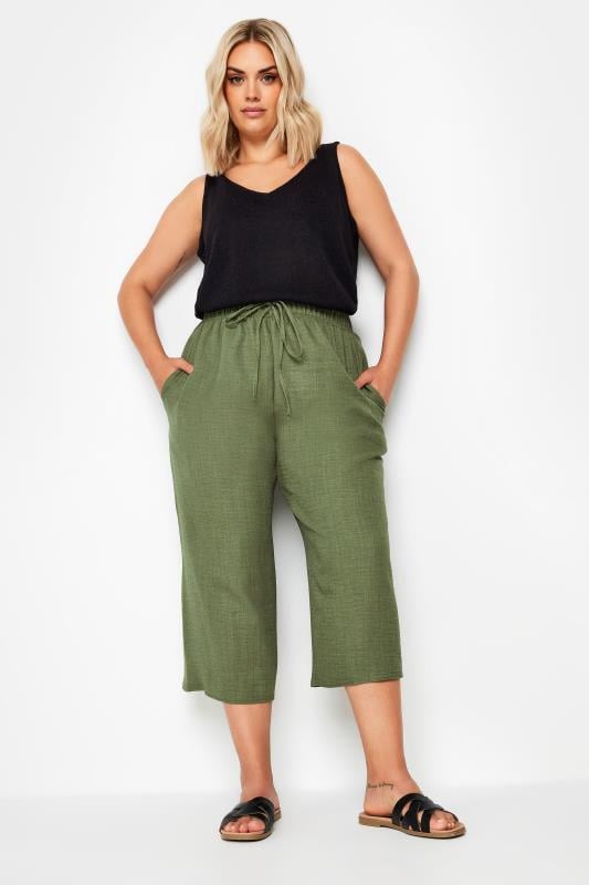 YOURS Plus Size Khaki Green Linen Look Cropped Trousers | Yours Clothing 2