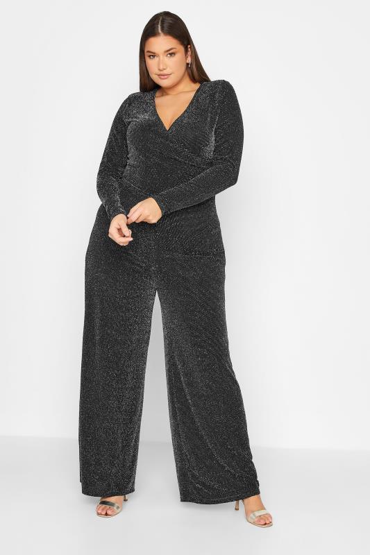  Grande Taille LTS Tall Black & Silver Stretch Glitter Wrap Jumpsuit