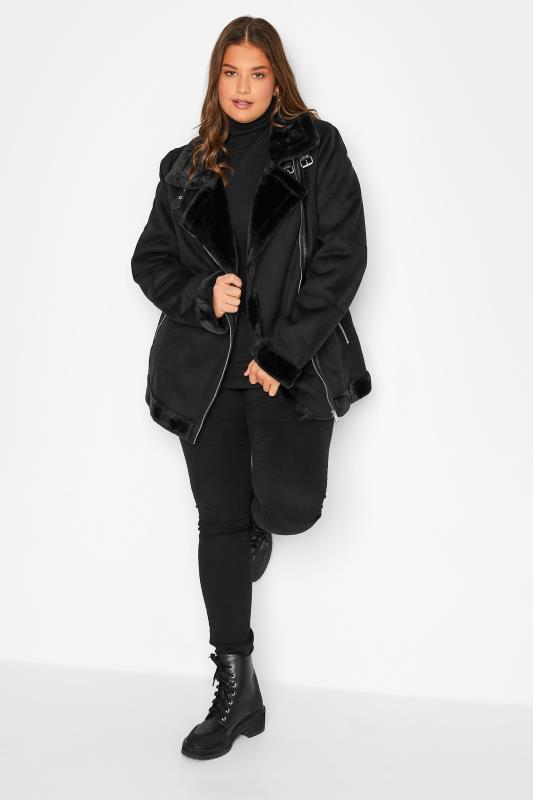 Tall Women's LTS Black Faux Fur Trim Aviator Jacket | Long Tally Sally 2