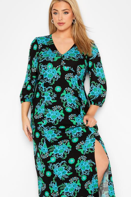 YOURS LONDON Plus Size Black & Green Floral Print Side Split Maxi Dress | Yours Clothing 4