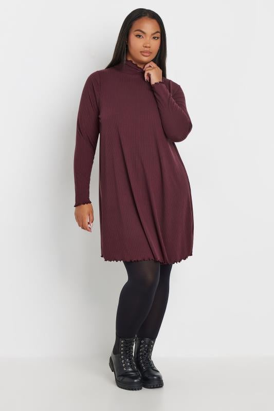 YOURS Curve Burgundy Red Lettuce Edge Tunic Dress | Yours Clothing 2