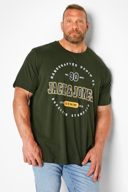 JACK & JONES Big & Tall Khaki Green Printed Logo T-Shirt | BadRhino 1