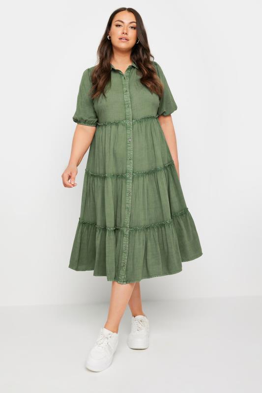 YOURS Plus Size Green Short Sleeve Tiered Midi Dress | Yours Clothing 2