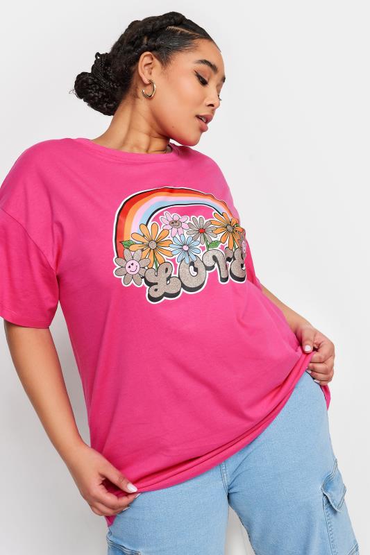 Plus Size  YOURS Curve Pink Rainbow Print 'Love' Slogan Oversized T-Shirt