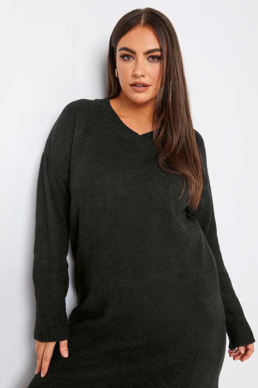 YOURS Plus Size Black V-Neck Knitted Jumper Dress | Yours Clothing 4
