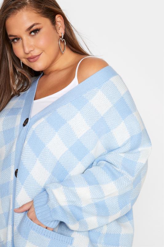 Plus Size Curve Blue Gingham Button Knitted Cardigan | Yours Clothing 4
