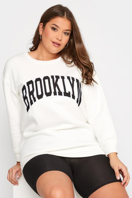 Plus Size  YOURS Curve White 'Brooklyn' Embroidered Slogan Sweatshirt