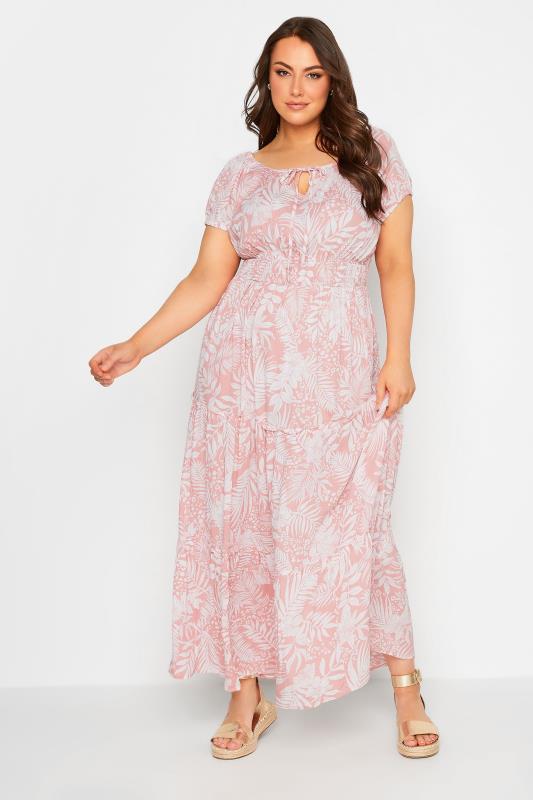 YOURS Plus Size Pink Tropical Print Bardot Maxi Dress | Yours Clothing 2