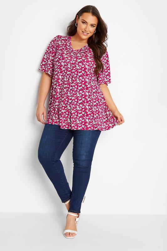 Plus Size Red Floral Print Pleat Front Top | Yours Clothing 2