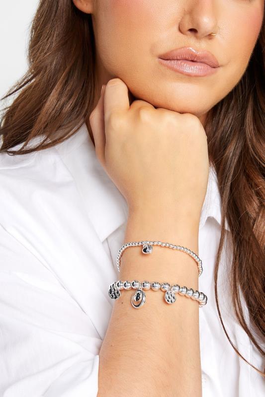 2 PACK Silver Charm Bead Stretch Bracelet | Yours Clothing  1