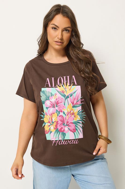  YOURS Curve Brown 'Aloha Hawaii' Graphic T-Shirt