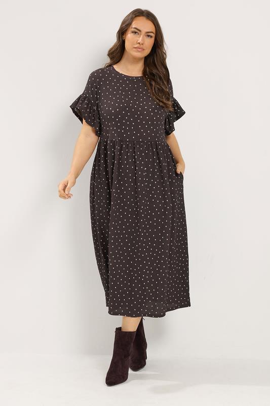  YOURS Curve Chocolate Brown Polka Dot Frill Sleeve Midi Dress
