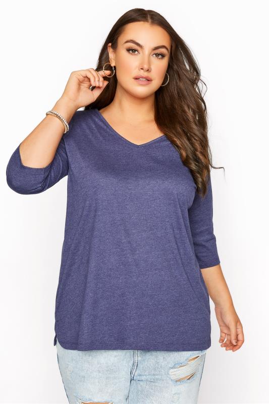 Plus Size Denim Blue Marl V-Neck T-shirt | Yours Clothing 1