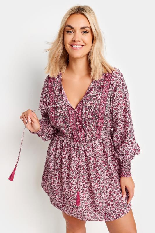 YOURS Plus Size Pink Floral Print Tie Neck Blouse | Yours Clothing 1