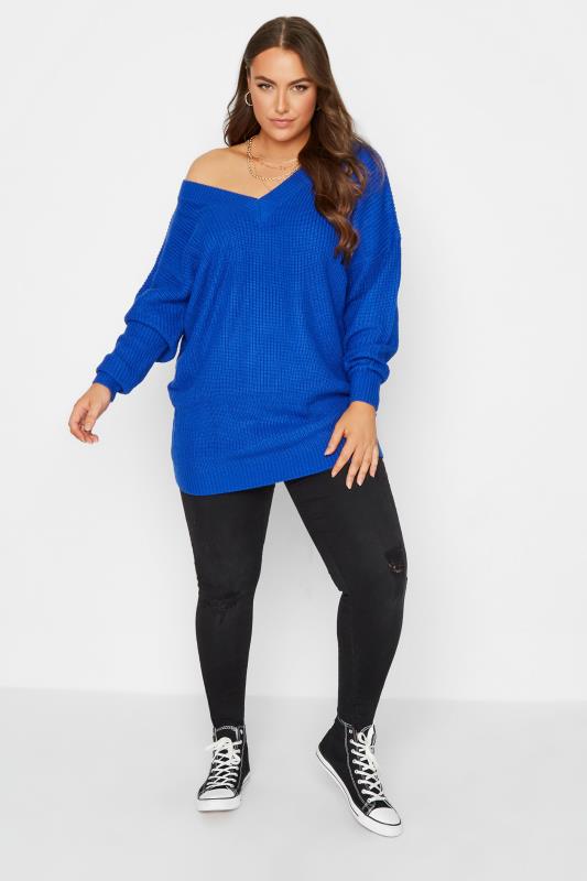 Plus Size Cobalt Blue V-Neck Knitted Jumper | Yours Clothing 2