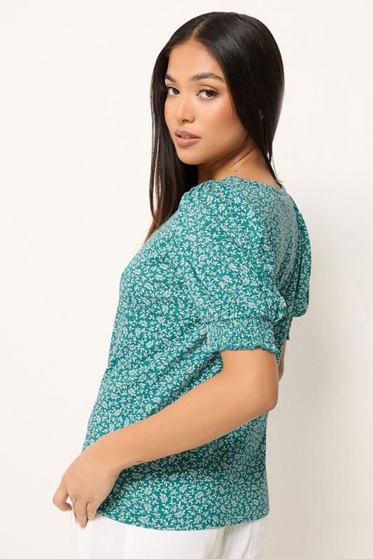 M&Co Petite Teal Green Ditsy Floral Puff Sleeve Top | M&Co 2