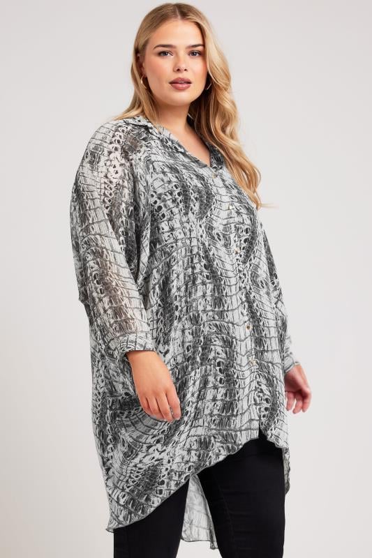 YOURS LONDON Plus Size Grey Snake Print Longline Batwing Sleeve Shirt | Yours Curve 4