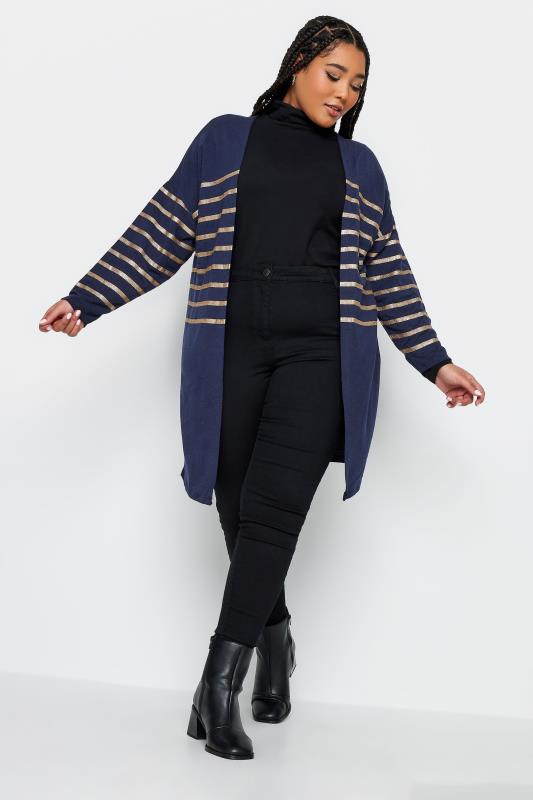 YOURS Plus Size Blue Metallic Striped Cardigan | Yours Clothing 2