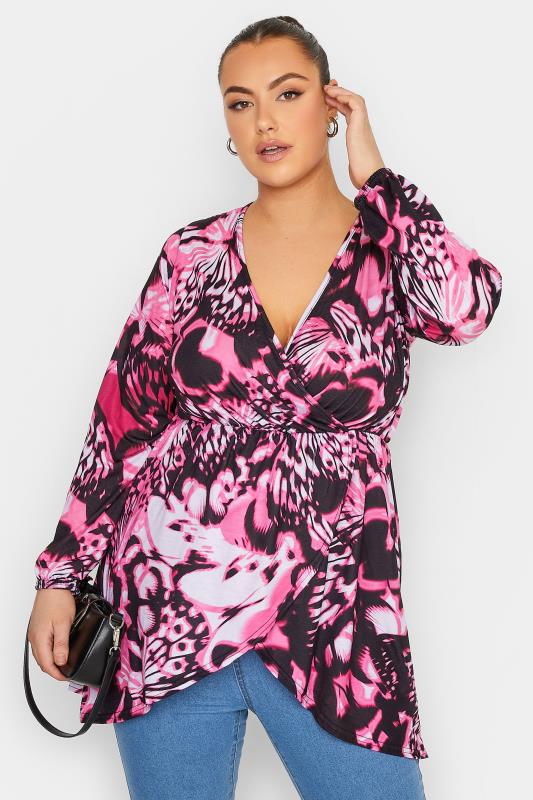 Plus Size  LIMITED COLLECTION Curve Black Butterfly Print Wrap Top